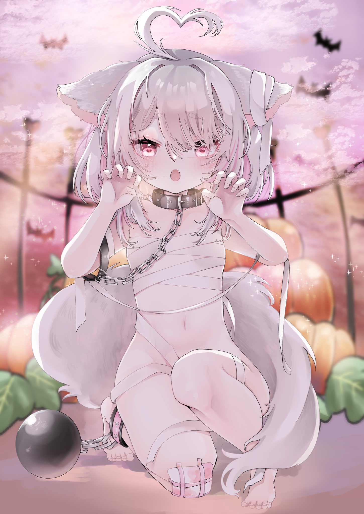 chicora, roa (vtuber), indie virtual youtuber, highres, second-party source, 1girl, :o, animal ears, ball and chain restraint, bandaged chest, bandages, bat (animal), blurry, breasts, cat ears, cat girl, cat tail, chain, chain leash, claw pose, collar, depth of field, fangs, full body, gauze on knee, holding own leash, kneeling, leash, looking at viewer, medium hair, multicolored hair, naked bandage, navel, open mouth, pink eyes, pink hair, pumpkin, raised inner eyebrows, small breasts, stomach, streaked hair, tail, two-tone hair, virtual youtuber, white hair