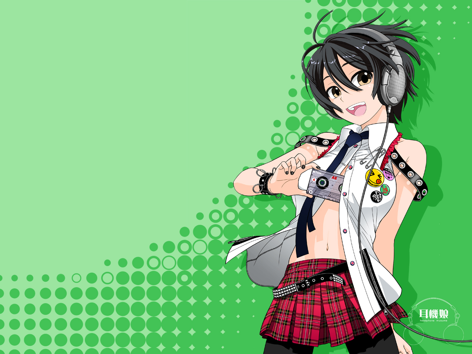 ootsuka mahiro, original, highres, 1girl, black hair, black nails, female focus, headphones, miniskirt, nail polish, navel, pantyhose, personification, plaid clothes, plaid skirt, short hair, skirt, solo, yellow eyes