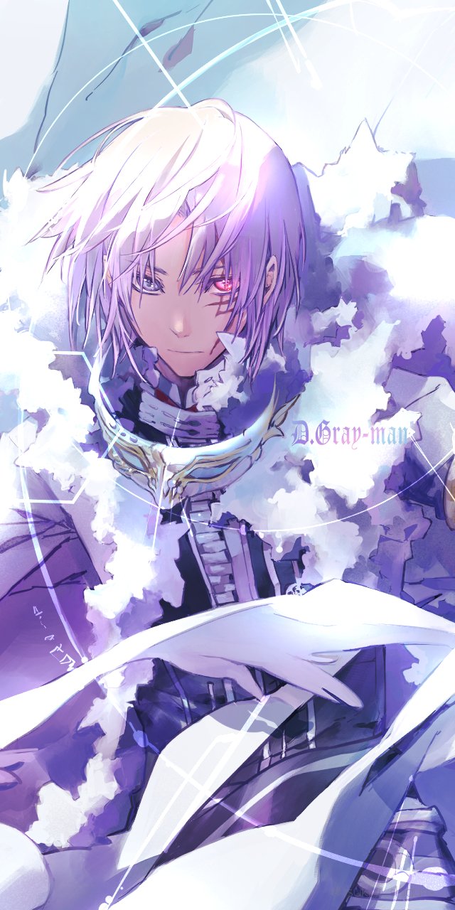 tsukini shigure, allen walker, d.gray-man, highres, 1boy, belt, black jacket, black order uniform, copyright name, facial mark, floating cape, floating clothes, floating hair, front zipper, fur-trimmed robe, fur trim, grey eyes, hair between eyes, heterochromia, hood, hood down, hooded robe, jacket, long sleeves, looking at viewer, male focus, mask, red eyes, robe, scar, scar across eye, scar on face, shiny clothes, short hair, sidelocks, solo, striped clothes, striped jacket, unworn mask, vertical-striped clothes, vertical-striped jacket, white hair, white mask, white robe, zipper