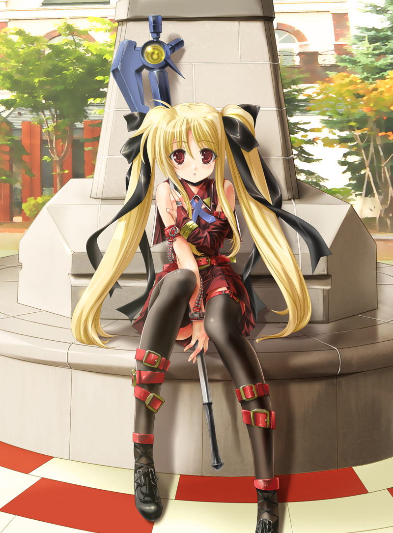 tnonizyou, bardiche (assault form) (nanoha), bardiche (nanoha), fate testarossa, lyrical nanoha, mahou shoujo lyrical nanoha, 00s, 1girl, alternate costume, blonde hair, female focus, hair ribbon, long hair, red eyes, ribbon, solo, thighhighs, twintails