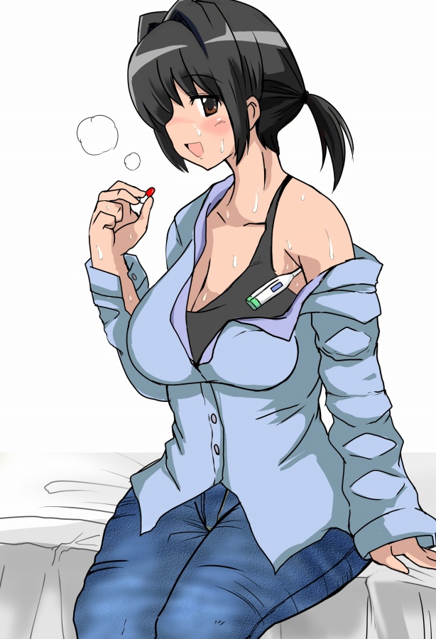 uokaiza, original, bad id, bad pixiv id, 1girl, black hair, blouse, blush, breasts, breath, brown eyes, cleavage, denim, digital thermometer, drugs, female focus, jeans, loose clothes, open mouth, pants, pill, ponytail, shirt, sitting, smile, solo, sweat, tank top, thermometer