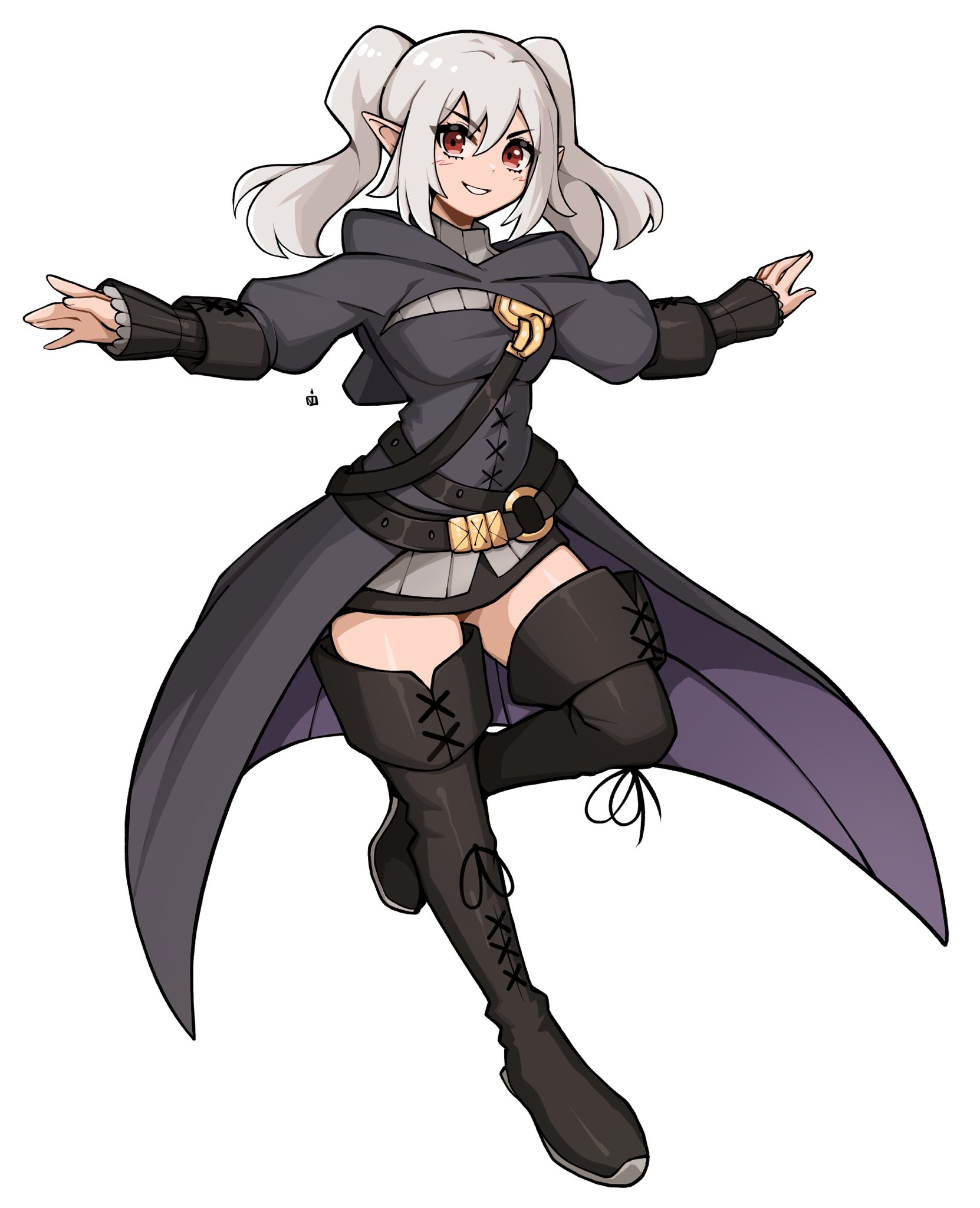 oninuer, original, commentary, commission, english commentary, highres, 1girl, black boots, black skirt, boots, breasts, brown eyes, full body, grey hair, grey jacket, hair between eyes, hood, hood down, hooded jacket, jacket, long sleeves, looking at viewer, medium breasts, o-ring, puffy long sleeves, puffy sleeves, simple background, skirt, solo, standing, standing on one leg, thigh boots, twintails, v-shaped eyebrows, white background