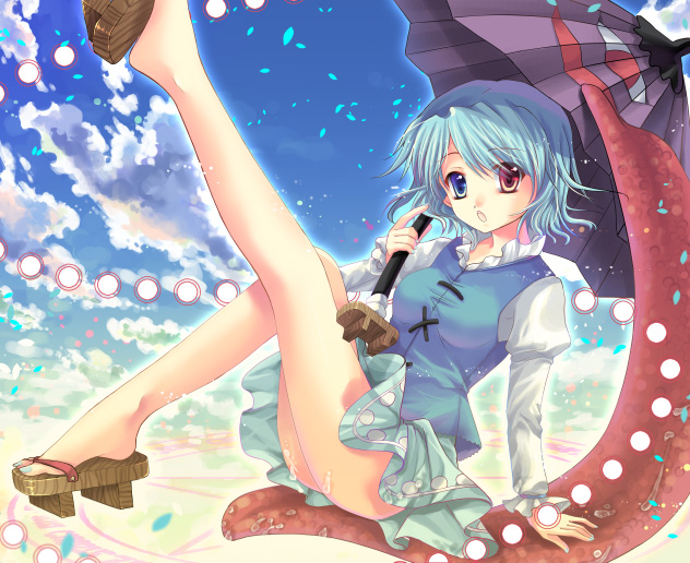 sousouman, tatara kogasa, touhou, bad id, bad pixiv id, 1girl, aqua nails, barefoot, blue eyes, blue hair, danmaku, feet, female focus, geta, heterochromia, karakasa obake, matching hair/eyes, nail polish, red eyes, sandals, short hair, solo, toenail polish, toenails, tongue, umbrella