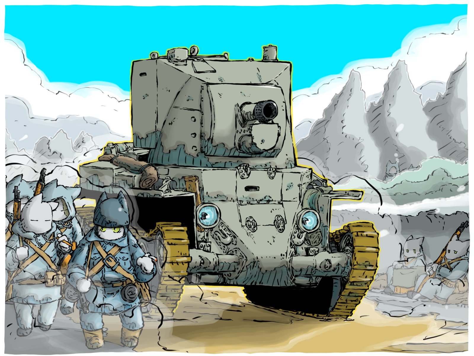 yabarn, bt-42, original, highres, vehicle request, ammunition pouch, blue sky, bolt action, cannon, caterpillar tracks, day, gun, load bearing vest, military vehicle, motor vehicle, pouch, rifle, sky, tank, vehicle focus, weapon, weapon on back