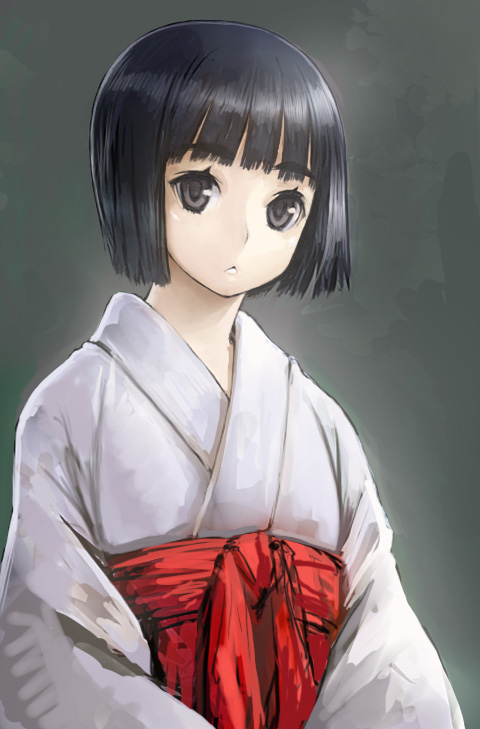 masakichi, original, 1girl, black eyes, black hair, female focus, hakama, hakama skirt, japanese clothes, miko, red hakama, short hair, skirt, solo