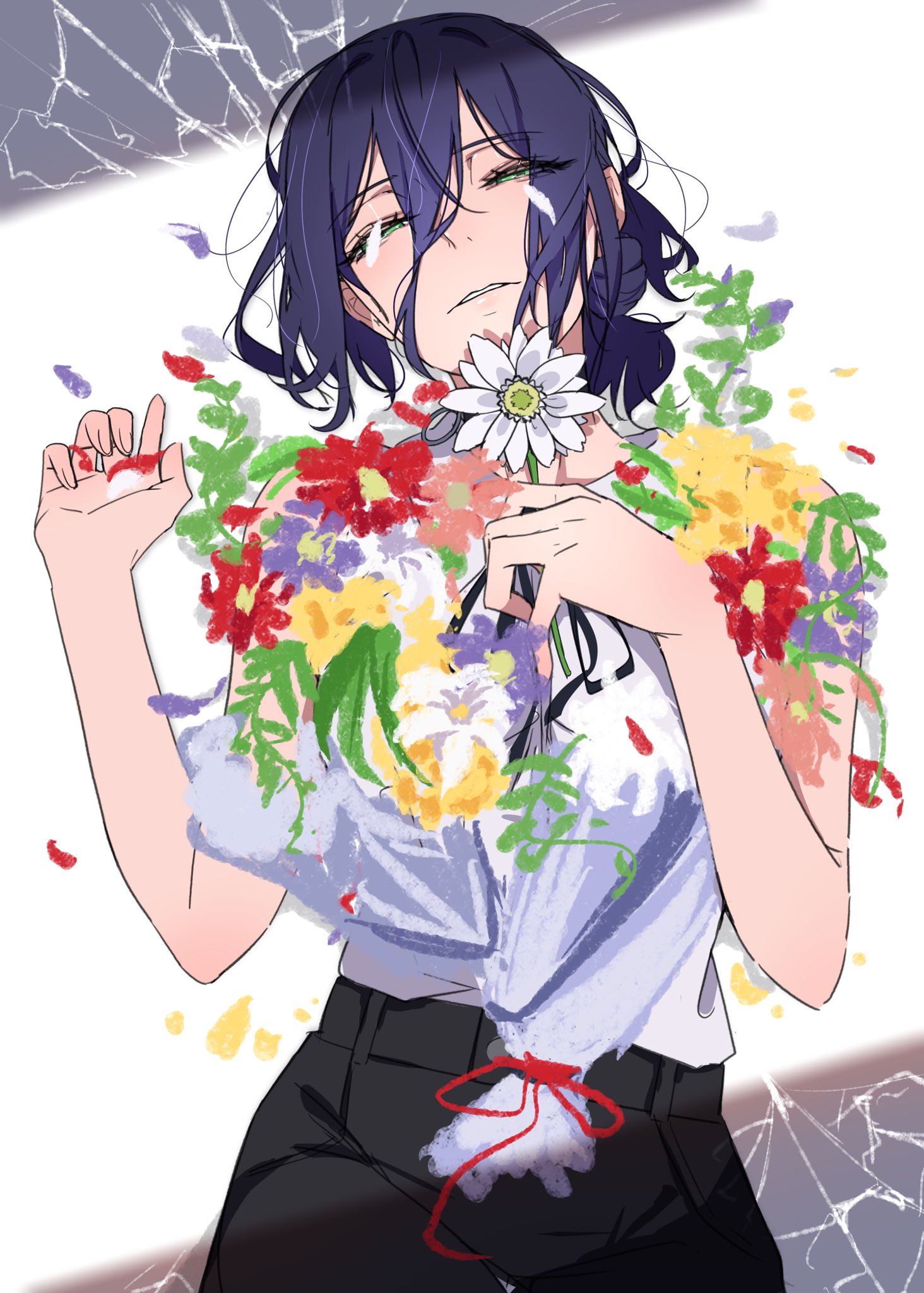 ri o ne su, reze (chainsaw man), chainsaw man, highres, 1girl, black hair, black shorts, bouquet, collared shirt, cowboy shot, crack, cracked glass, flower, green eyes, hair between eyes, half-closed eyes, hands up, holding, holding bouquet, long hair between eyes, lying, medium hair, on back, parted lips, shirt, shorts, white shirt
