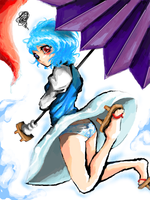yamimakuri, yamimakuri20, tatara kogasa, touhou, bad id, bad pixiv id, 1girl, :<, blue eyes, blue hair, clothes lift, feet, female focus, geta, heterochromia, karakasa obake, matching hair/eyes, oil-paper umbrella, panties, red eyes, sandals, short hair, skirt, skirt lift, solo, tegaki, tongue, umbrella, underwear, wind, wind lift