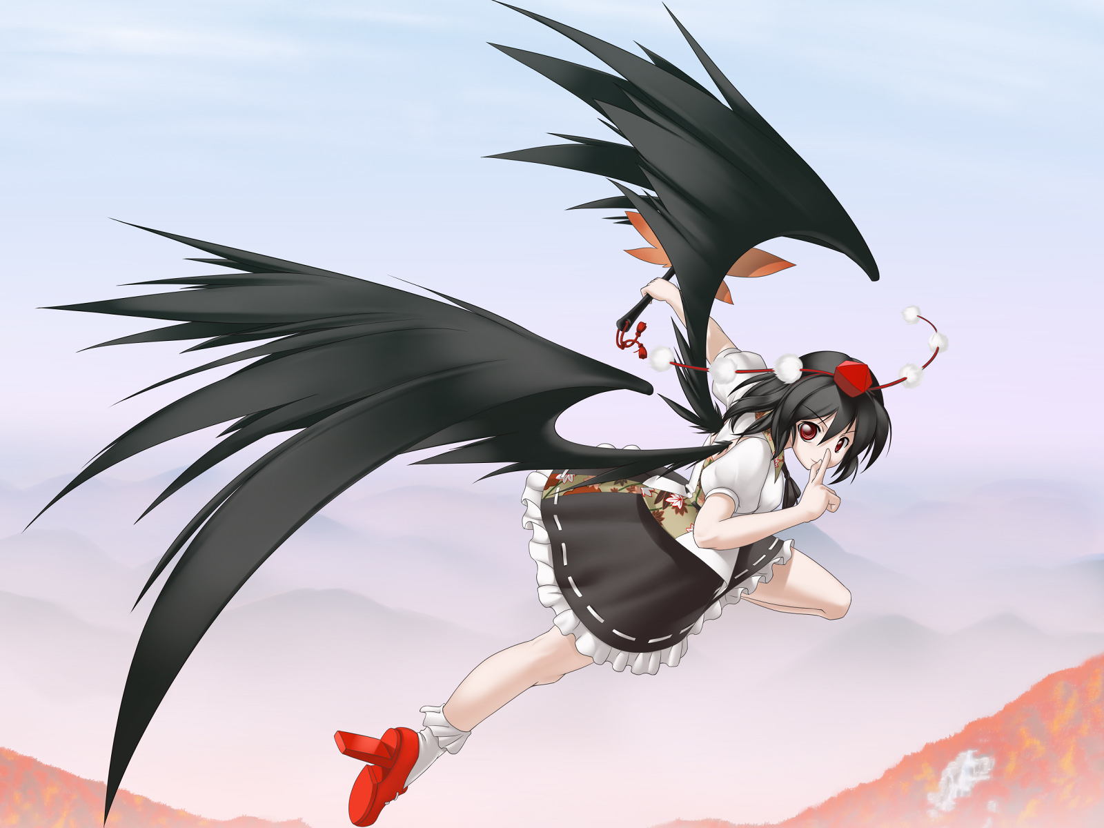 suematsu jerry, shameimaru aya, touhou, highres, 1girl, black hair, black wings, female focus, flying, geta, hand fan, hat, looking at viewer, red eyes, short hair, solo, tengu-geta, tokin hat, wings