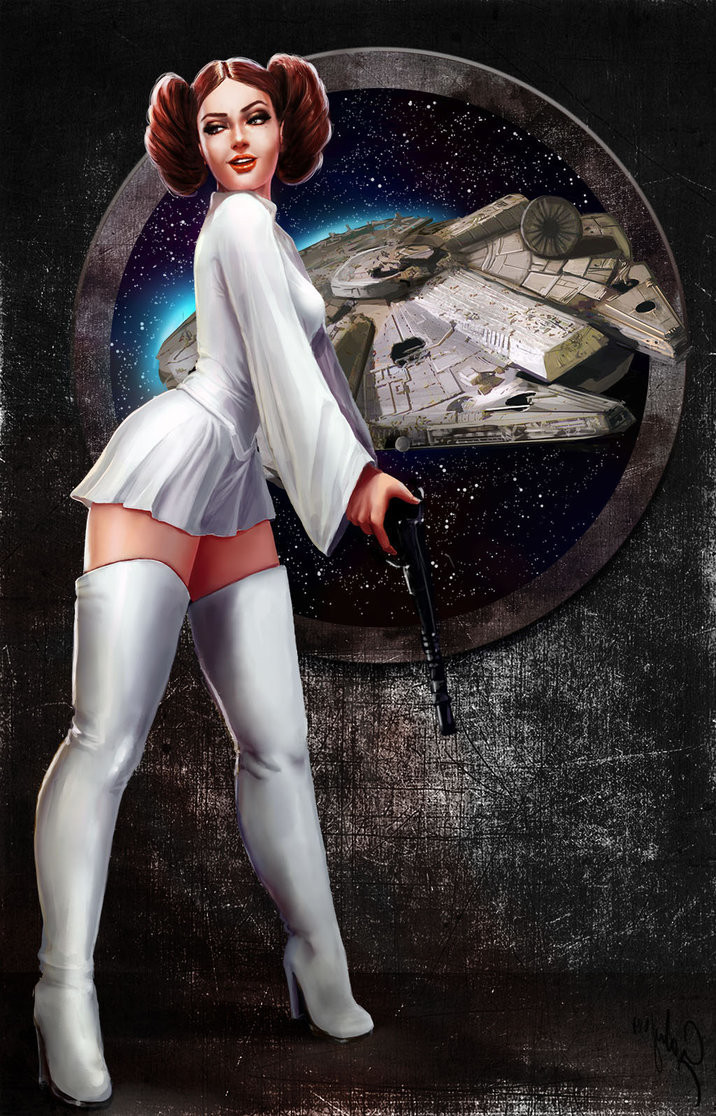 millennium falcon, princess leia, star wars, star wars: a new hope, 1girl, boots, brown eyes, brown hair, double bun, dress, full body, gabriella noar, gun, hair bun, high heel boots, high heels, holding, holding gun, holding weapon, looking at viewer, looking to the side, spacecraft, thigh boots, weapon, white boots, white dress