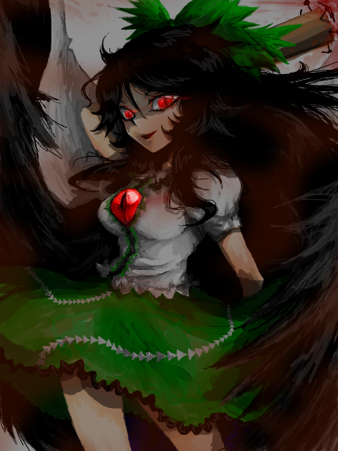 yamimakuri, yamimakuri20, reiuji utsuho, touhou, bad id, bad pixiv id, 1girl, black hair, black wings, female focus, long hair, red eyes, solo, wings