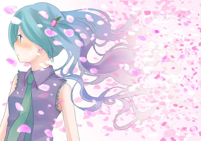wakuraba, hatsune miku, vocaloid, looking away, 1girl, aqua hair, blush, cherry blossoms, closed mouth, collared shirt, female focus, floating hair, flower, frills, grey shirt, hair flower, hair ornament, long hair, necktie, petals, profile, shirt, sleeveless, sleeveless shirt, solo, twintails, wind