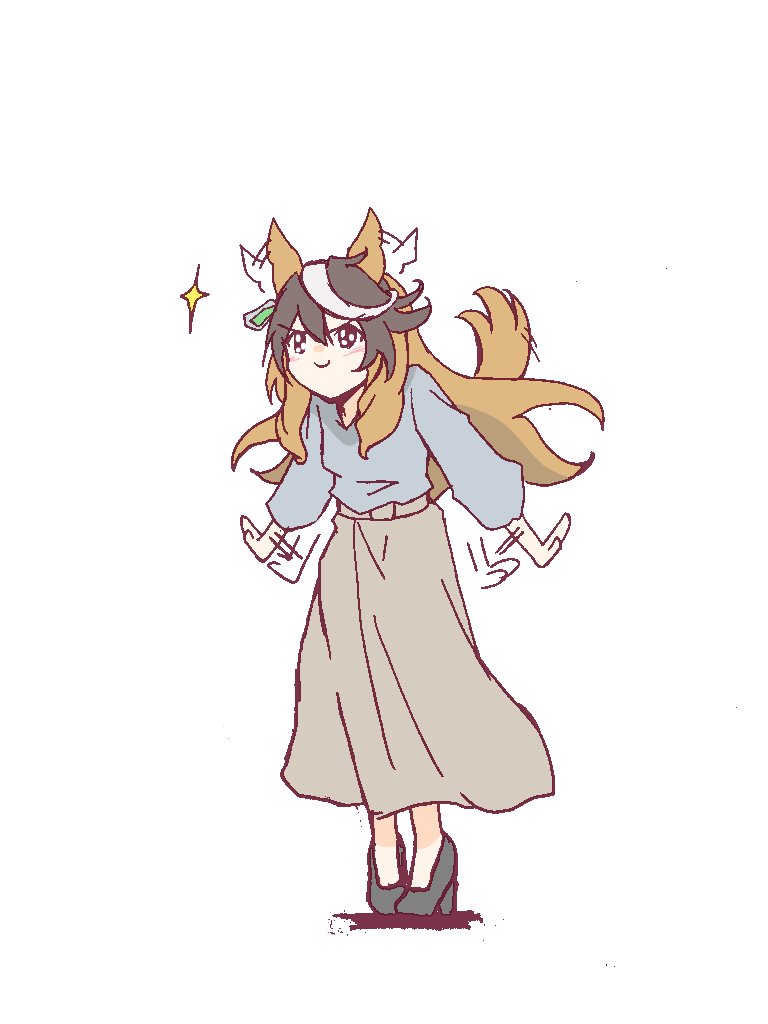 zukki (bijitaru), symboli rudolf (umamusume), umamusume, umamusume: cinderella gray, 1girl, animal ears, brown hair, ear ornament, earrings, hair between eyes, horse ears, horse girl, horse tail, jewelry, long hair, long sleeves, multicolored hair, shirt, single earring, skirt, smile, streaked hair, tail, white hair