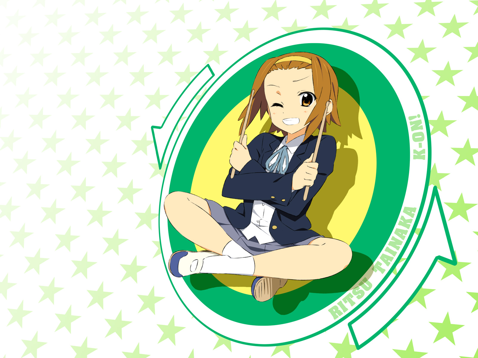 miyatsuki itsuka, tainaka ritsu, k-on!, highres, 00s, 1girl, blazer, crossed legs, drumsticks, female focus, grin, hairband, indian style, jacket, one eye closed, school uniform, shoes, sitting, smile, socks, solo, star (symbol), tomboy, uwabaki, white socks, wink