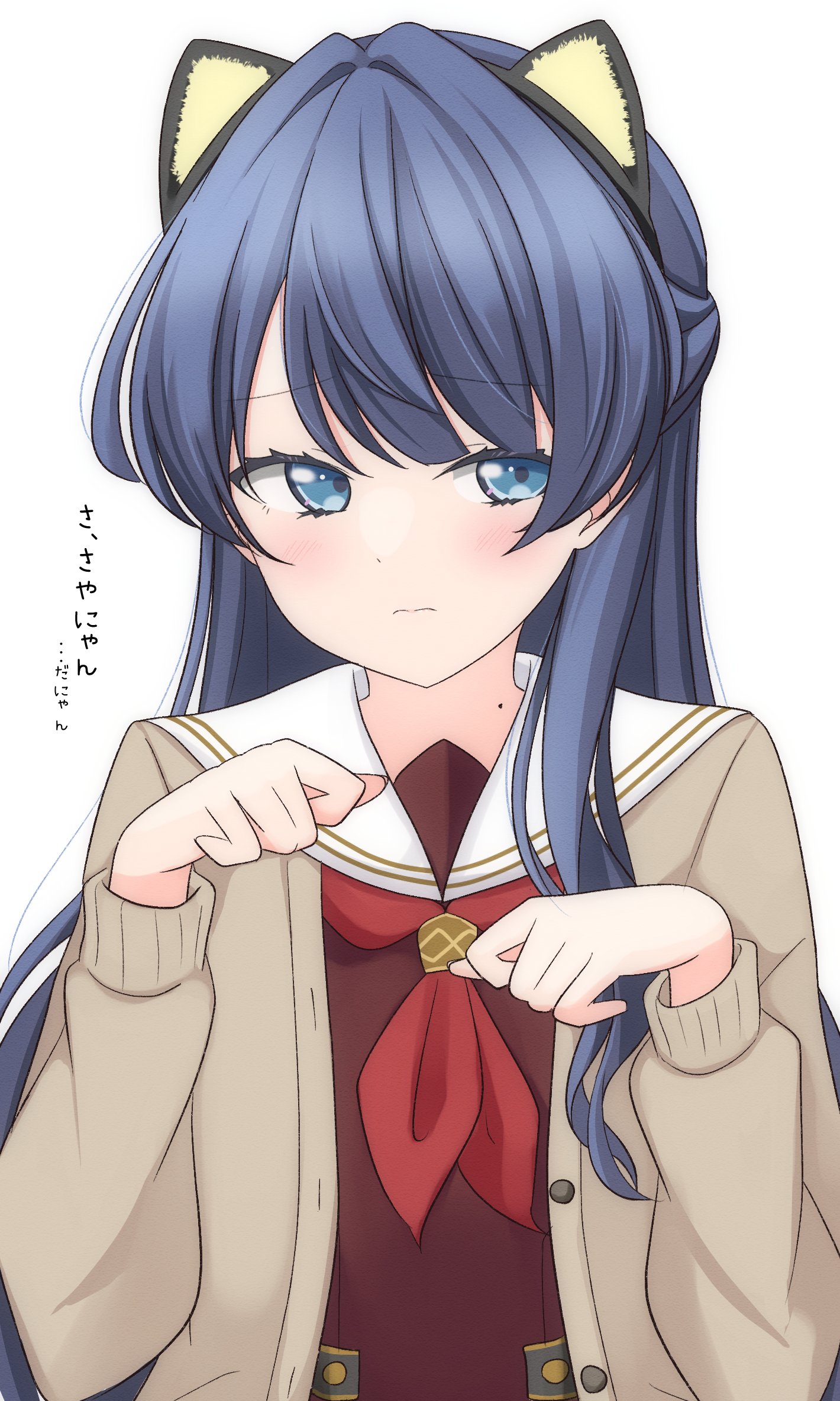 tsubuan (in taiyaki), murano sayaka, link! like! love live!, love live!, commentary, highres, translation request, 1girl, 3:, animal ear hairband, animal ears, black hairband, blush, brown cardigan, brown dress, cardigan, cat ear hairband, cat ears, closed mouth, dress, embarrassed, fake animal ears, frown, hairband, hasu no sora school uniform, long sleeves, looking at viewer, mole, mole on neck, neckerchief, nyan, open cardigan, open clothes, paw pose, raised inner eyebrows, red neckerchief, sailor collar, sailor dress, school uniform, simple background, solo, upper body, virtual youtuber, white background, white sailor collar, winter uniform