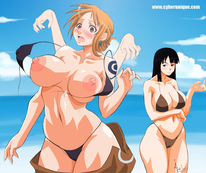 cyberunique, nico robin, one piece, nami, bikini, breasts, hana hana no mi, huge breasts, nipples, swimsuit
