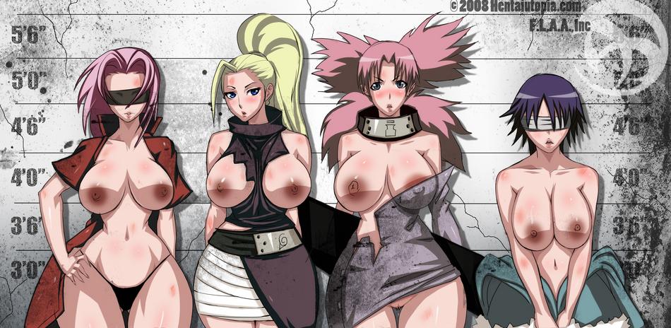 cyberunique, haruno sakura, hyuuga hinata, temari (naruto), yamanaka ino, naruto, blindfold, breasts, large breasts, lineup, mugshot, open clothes, open shirt, torn clothes, uncensored