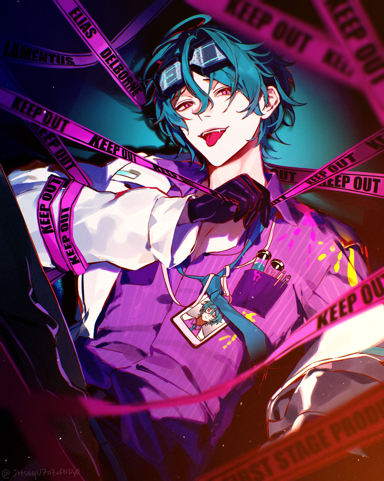 first stage production, highres, 1boy, caution tape, elias delborne, eyewear on head, gloves, jacket, jhsaqu7n3xfndy0, keep out, pink eyes, pink shirt, shirt, tongue, tongue out, virtual youtuber, white jacket