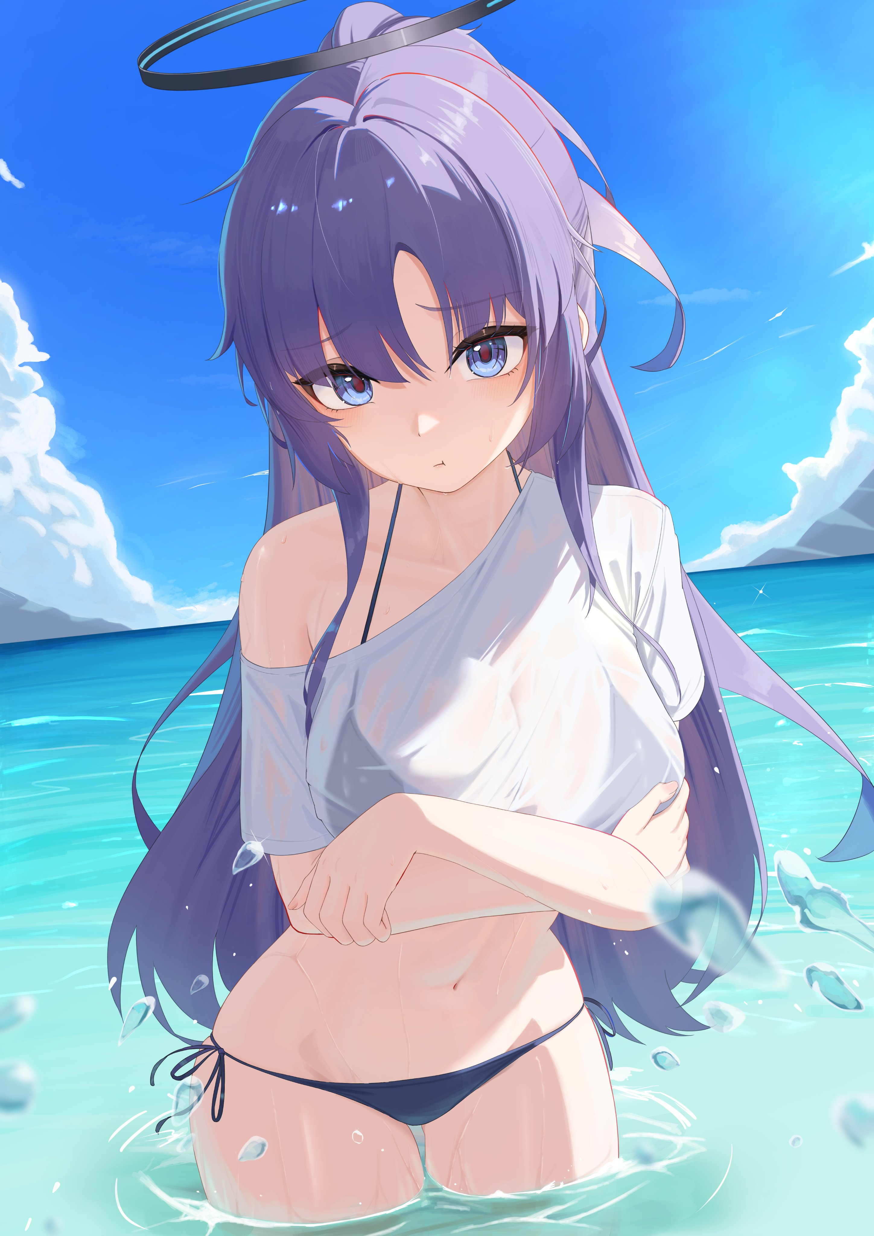 pige pig, yuuka (blue archive), blue archive, absurdres, highres, 1girl, bikini, blue eyes, blue sky, breasts, cowboy shot, day, hair between eyes, halo, large breasts, long hair, looking at viewer, mechanical halo, navel, ocean, outdoors, panties, purple hair, see-through clothes, see-through shirt, shirt, short sleeves, sky, solo, standing, swimsuit, underwear, wading, wet, wet clothes, white shirt
