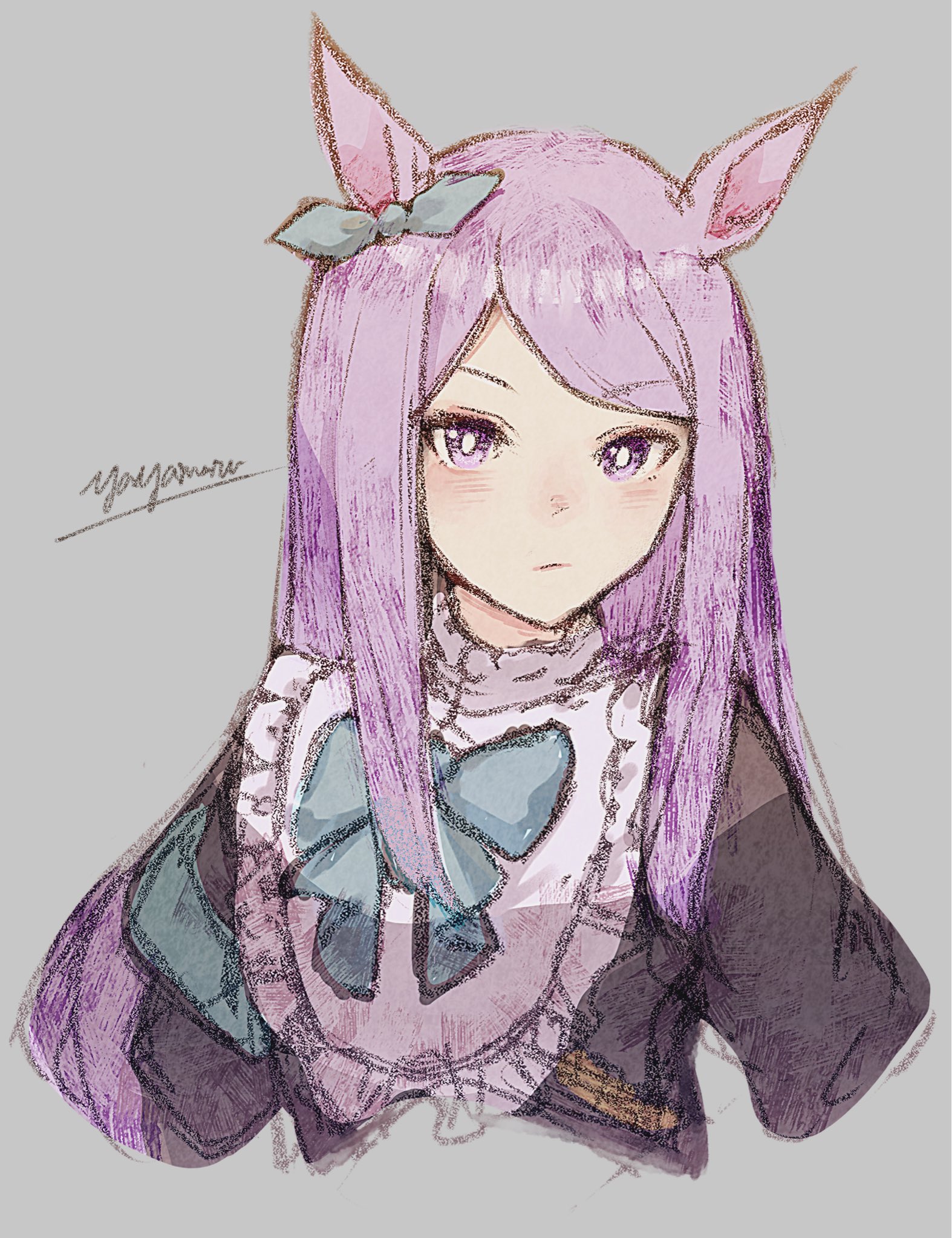 mejiro mcqueen (frontline elegance) (umamusume), mejiro mcqueen (umamusume), umamusume, highres, 1girl, animal ears, aqua bow, blush, bow, ear bow, ear ribbon, frilled jacket, frills, horse ears, horse girl, horseshoe ornament, jacket, long hair, long sleeves, looking at viewer, purple eyes, purple hair, purple shirt, sailor collar, sailor shirt, shirt, swept bangs, yayamarublog