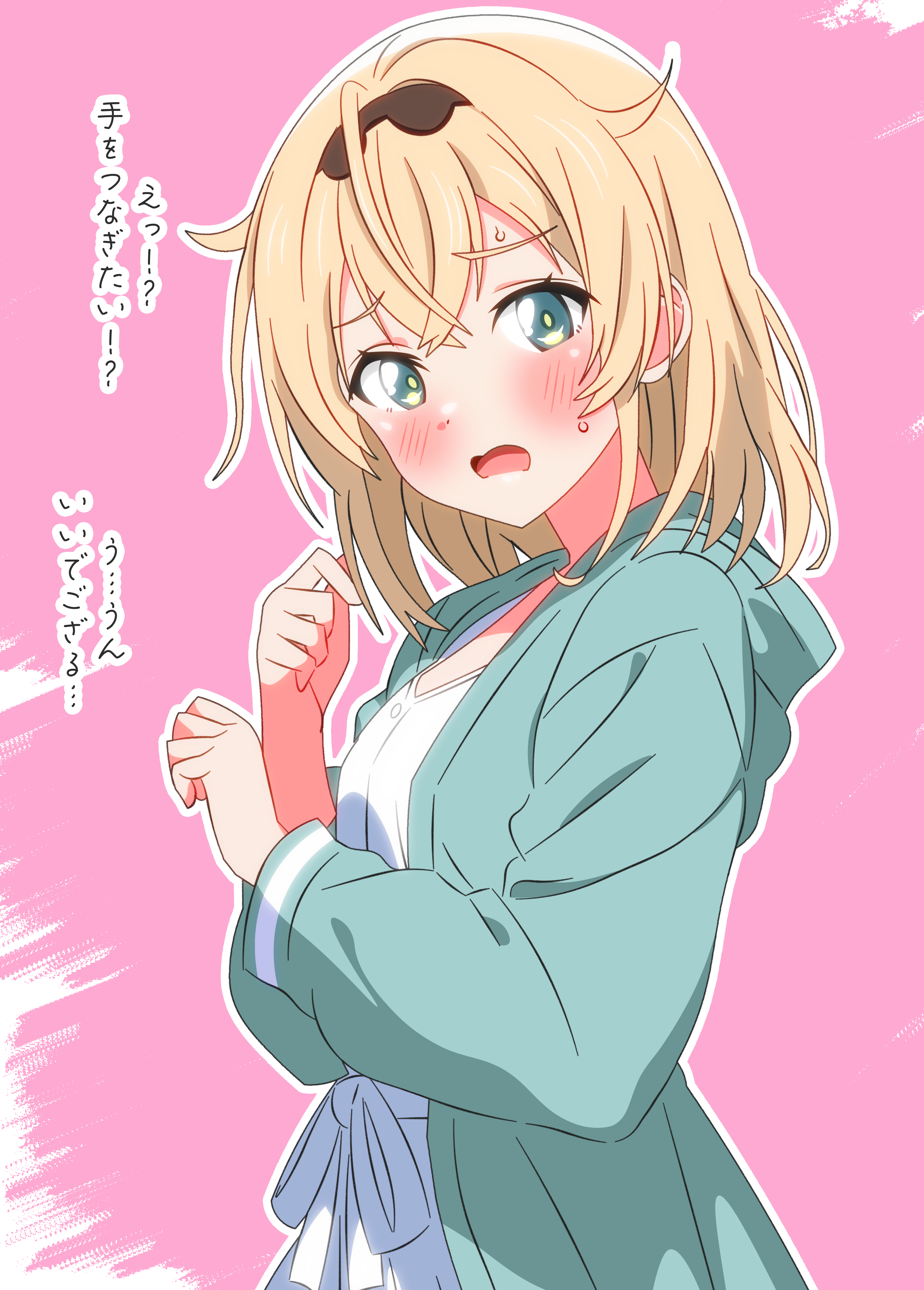 shinonome sakura, kazama iroha, hololive, absurdres, commentary request, highres, 1girl, alternate costume, aqua jacket, blonde hair, blush, cowboy shot, double-parted bangs, dress, green eyes, hands up, hood, hood down, hooded jacket, jacket, long sleeves, looking at viewer, nervous sweating, open clothes, open jacket, open mouth, pink background, raised inner eyebrows, simple background, solo, standing, sweat, virtual youtuber, white dress