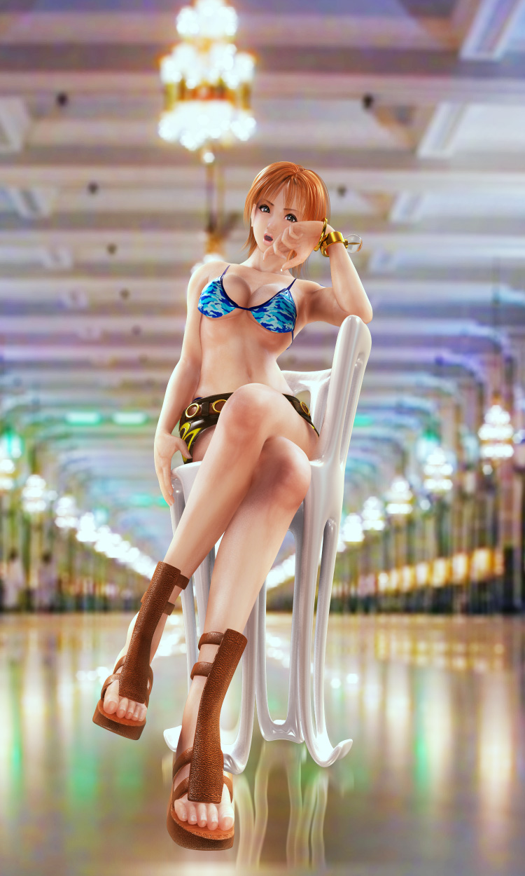 incise soul, m-rs, nami (one piece), nami (one piece) (skypiea), one piece, highres, 1girl, 3d, :o, bangle, bikini, bikini top only, bracelet, breasts, chair, cleavage, cloud, crossed legs, feet, female focus, food, fruit, green eyes, jewelry, legs, log pose, long legs, miniskirt, orange (fruit), orange hair, sandals, ship, short hair, sitting, skirt, skypiea, solo, swimsuit, watercraft