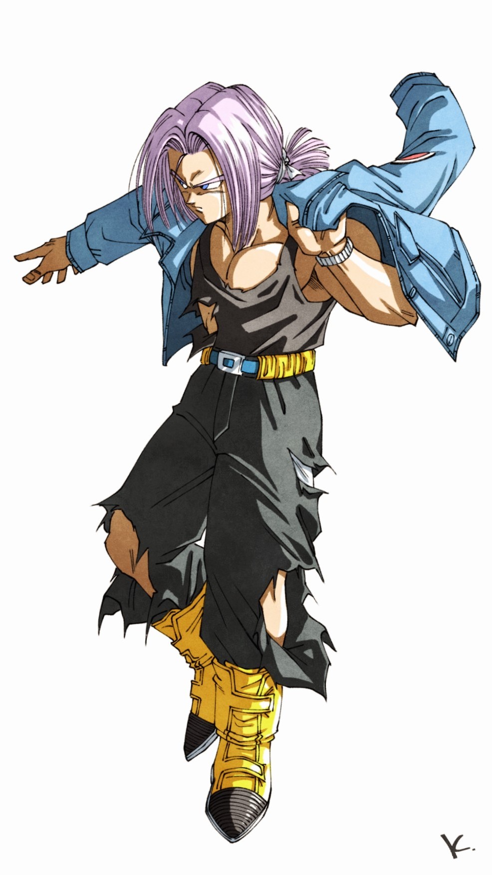 kakeru (dbskakeru), trunks (dragon ball), trunks (future) (dragon ball), dragon ball, dragonball z, highres, 1boy, black pants, black shirt, blue eyes, blue jacket, boots, full body, jacket, medium hair, muscular, muscular male, pants, purple hair, shirt, simple background, solo, torn clothes, torn pants, torn shirt, white background, yellow boots
