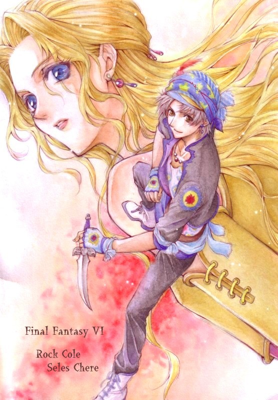 mochineko, celes chere, locke cole, final fantasy, final fantasy vi, 1990s (style), 1boy, 1girl, bandana, blonde hair, blue eyes, detached sleeves, earrings, english text, engrish text, fingerless gloves, gloves, jewelry, knife, ranguage