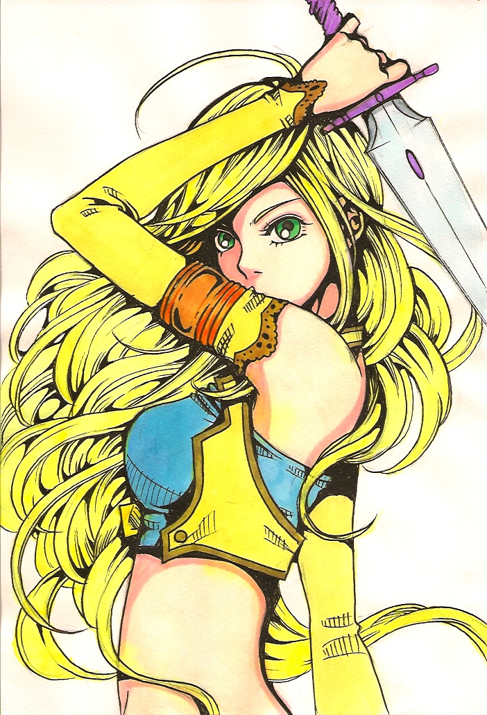 sayococco, celes chere, final fantasy, final fantasy vi, marker (medium), painting (medium), traditional media, 1990s (style), 1girl, blonde hair, breasts, detached sleeves, female focus, gradient background, green eyes, long hair, midriff, retro artstyle, solo, sword, weapon