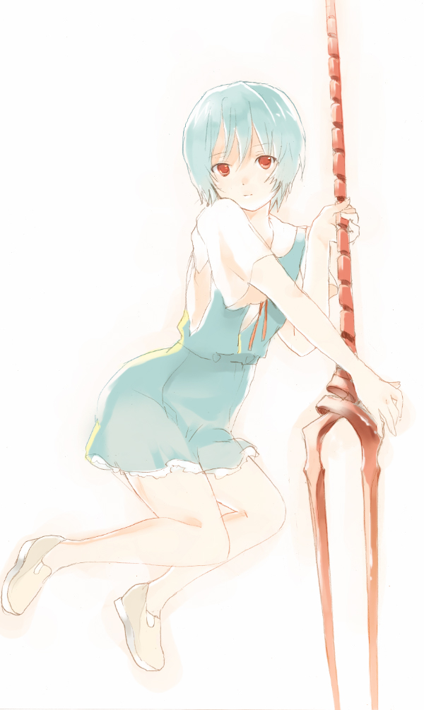 yoshioka mitsuko, ayanami rei, neon genesis evangelion, bident, blue hair, lance of longinus (evangelion), polearm, red eyes, school uniform, short hair, solo, spear, weapon