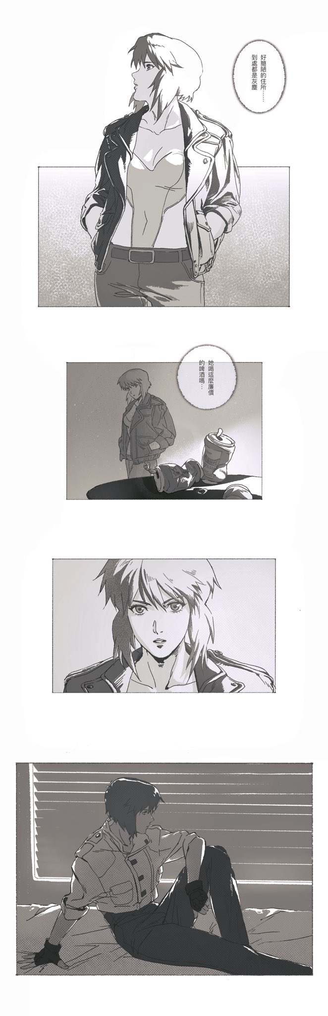 aizheajsee, kusanagi motoko, ghost in the shell, ghost in the shell: stand alone complex, highres, 2girls, can, crushed can, drink can, greyscale, in-franchise crossover, jacket, looking at another, medium hair, monochrome, multiple girls, multiple persona, sitting, speech bubble, white background