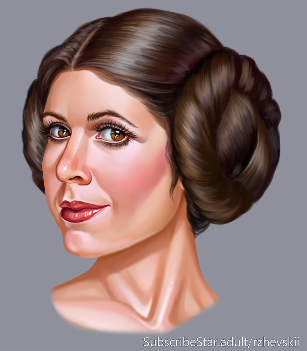 rzhevskii, carrie fisher, princess leia, star wars, 1girl, brown eyes, brown hair, double bun, grey background, hair bun, looking at viewer, portrait, simple background, solo, subscribestar username, watermark, web address