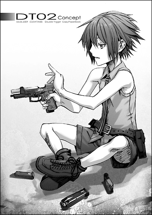 gou (double trigger), original, gender request, androgynous, beretta 92, boots, cocking gun, greyscale, gun, handgun, magazine (weapon), monochrome, open mouth, pistol, short hair, sitting, solo, trigger discipline, weapon