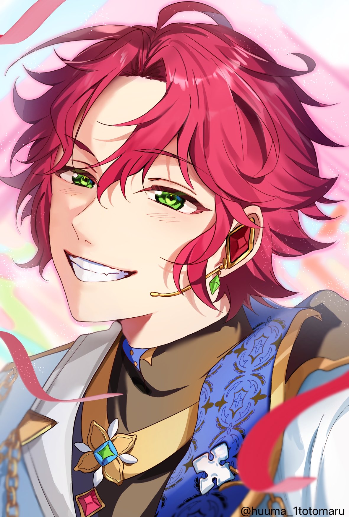 isara mao, ensemble stars!, commentary request, highres, 1boy, clenched teeth, earrings, fuuma (huuma 1totomaru), green eyes, headset, jewelry, looking at viewer, male focus, official alternate costume, official alternate hairstyle, purple hair, smile, solo, teeth, twitter username, upper body