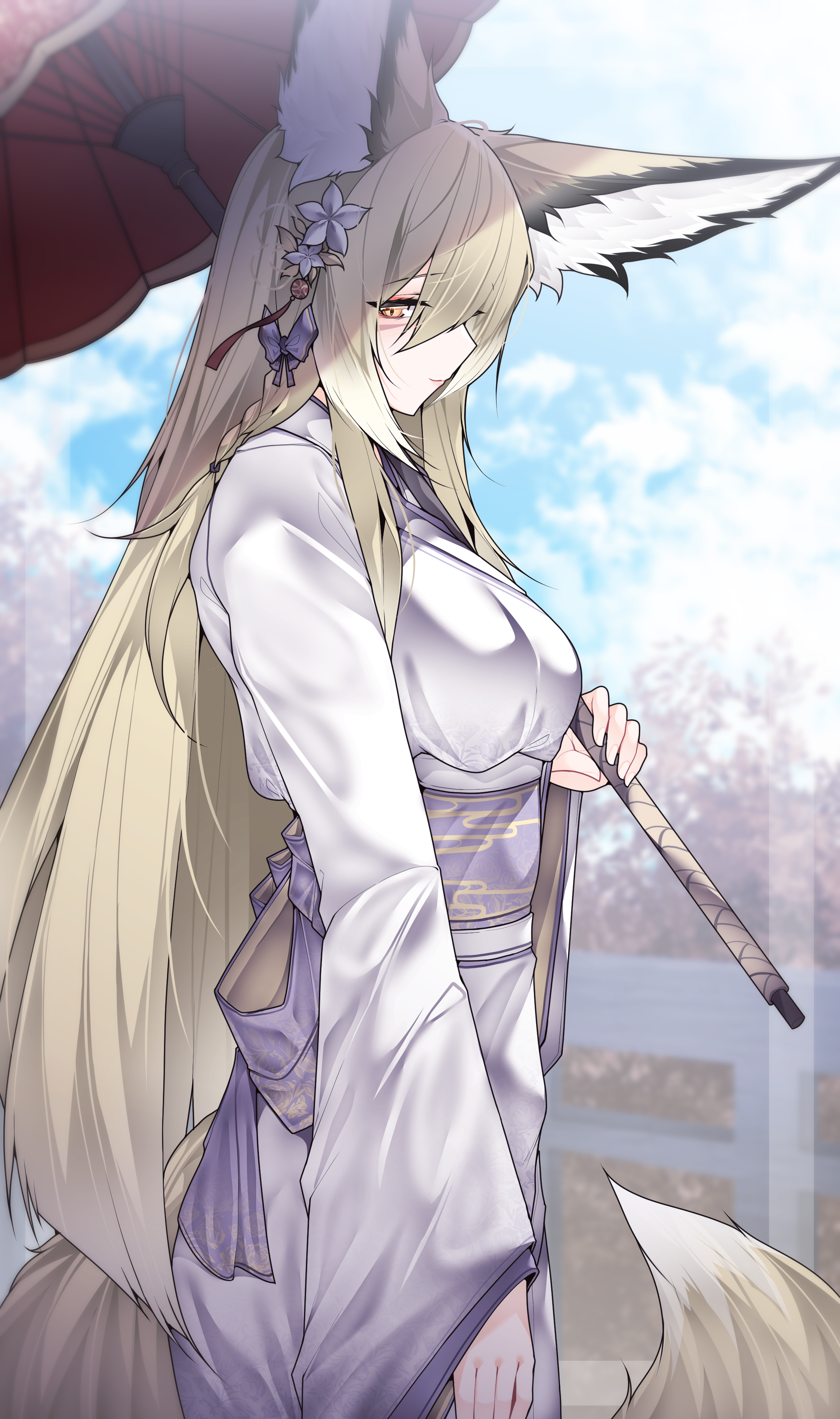 samip, vulpisfoglia (arknights), arknights, absurdres, commentary request, highres, 1girl, animal ears, blonde hair, breasts, dated commentary, fox ears, fox tail, hair ornament, japanese clothes, kimono, long hair, medium breasts, solo, tail, umbrella