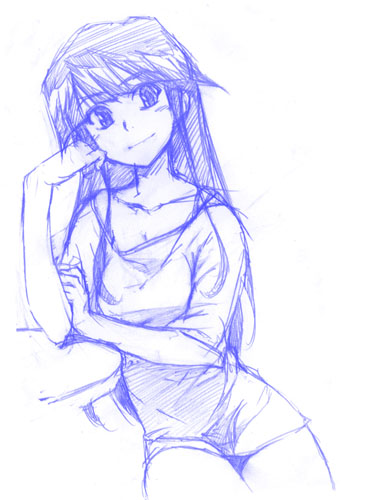 inu777, oouchi takadou, original, lowres, 1girl, blunt bangs, blush, female focus, head rest, long hair, monochrome, no pants, sketch, smile, solo, table, very long hair