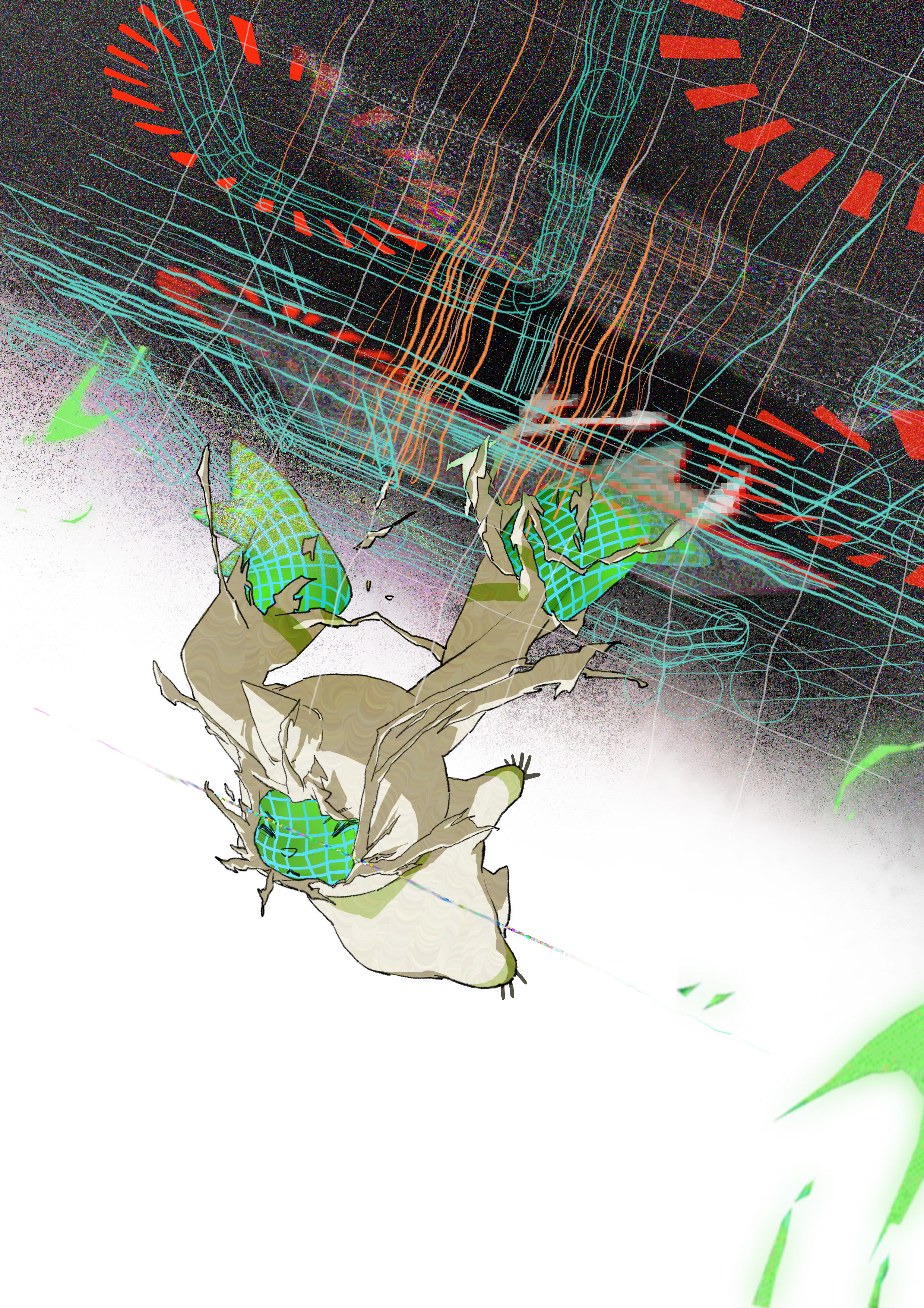 takatomon (rebelki01101507), terriermon, digimon, digimon tamers, absurdres, commentary request, highres, animal ears, closed eyes, digimon (creature), evolution, full body, horns, lop rabbit ears, rabbit ears, single horn, solo, torn skin, wireframe