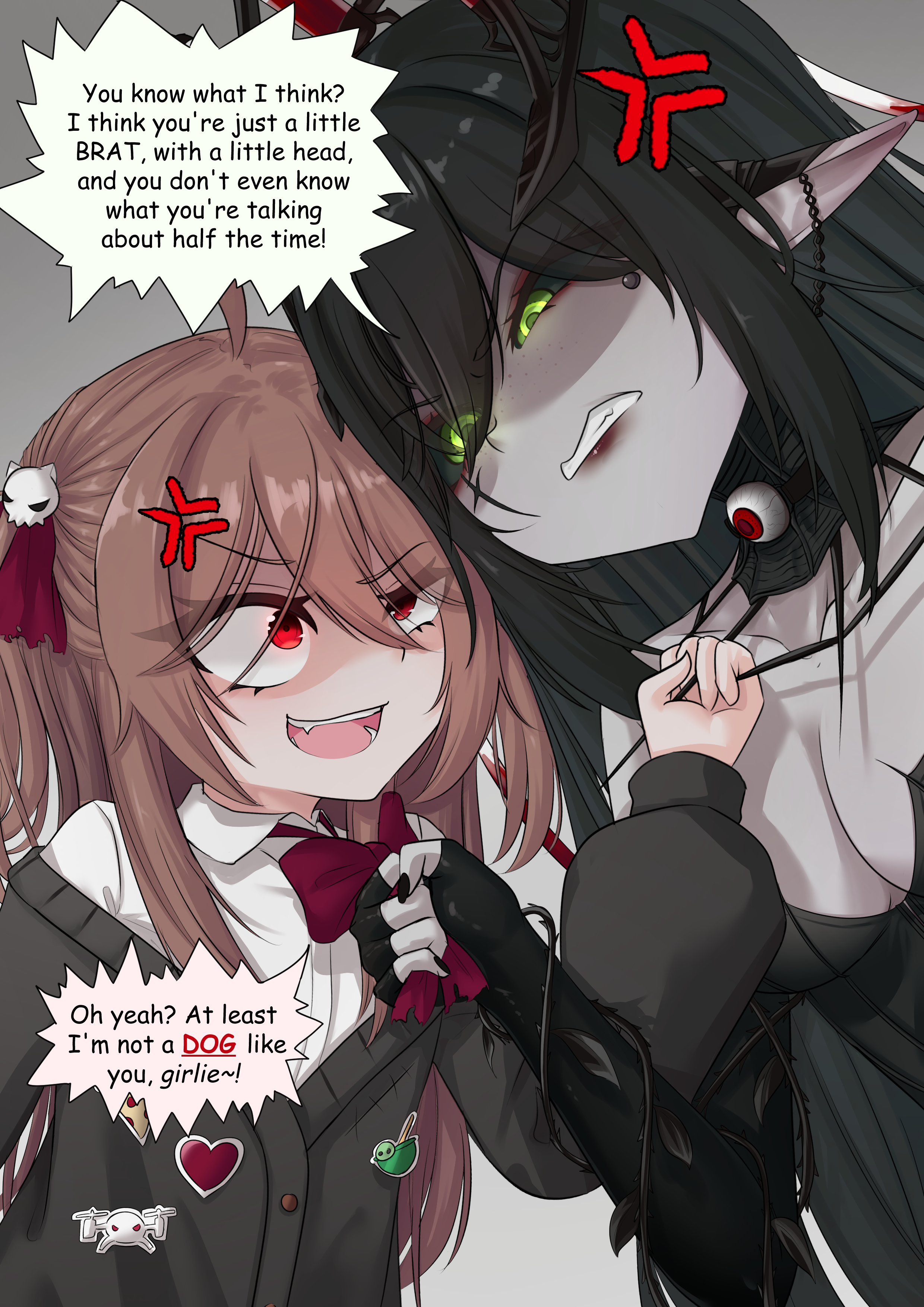 monotoxy, ritspi, evil neuro-sama, layna lazar, neuro-sama, indie virtual youtuber, absurdres, highres, ahoge, anger vein, angry, black cardigan, black dress, black hair, black sclera, bow, bowtie, cardigan, colored sclera, dress, fingerless gloves, gloves, green eyes, hair ornament, long hair, open mouth, pale skin, pulling another's clothes, red bow, red bowtie, red eyes, shirt, skull hair ornament, speech bubble, standing, vedal ai, white shirt