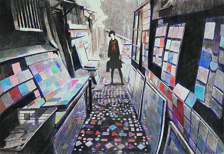 kumaori jun, original, black legwear, 1girl, alley, bag, black hair, black serafuku, female focus, head tilt, holding, holding bag, long sleeves, school uniform, serafuku, short hair, solo