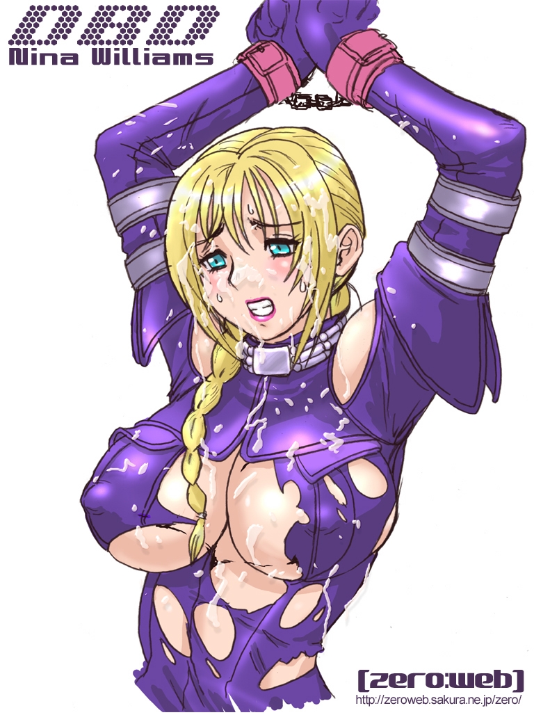 zero hime, nina williams, death by degrees, tekken, 1girl, bdsm, blonde hair, blue eyes, bondage, bound, braid, breasts, choker, covered erect nipples, cuffs, cum, female focus, handcuffs, large breasts, lipstick, makeup, restrained, solo, torn clothes
