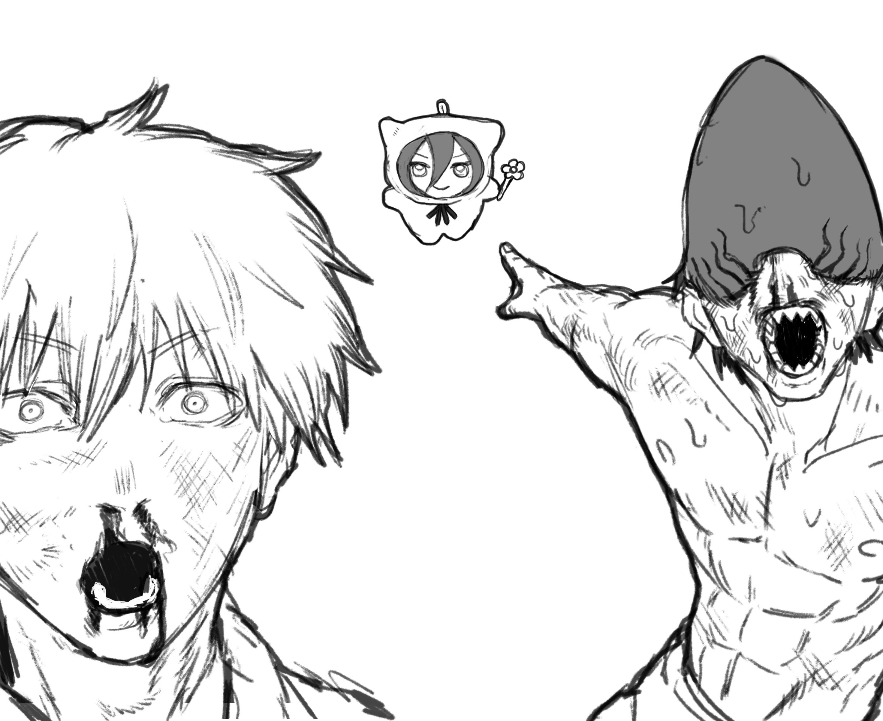 beam (chainsaw man), denji (chainsaw man), reze (chainsaw man), chainsaw man, absurdres, commentary request, highres, 1girl, 2boys, abs, blood, chibi, facing viewer, flower, greyscale, holding, holding flower, looking at viewer, meme, monochrome, multiple boys, nosebleed, otataru0806, pointing, pointing at another, shark boy, shark head, sharp teeth, teeth, two soyjaks pointing (meme)