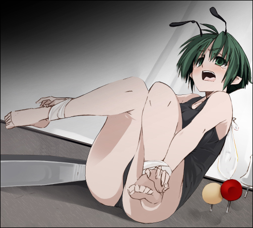 aka ume, wriggle nightbug, touhou, 1girl, antennae, barefoot, bdsm, bondage, bound, crab tie, feet, female focus, green eyes, green hair, legs, matching hair/eyes, one-piece swimsuit, sitting, solo, swimsuit, tears, wrists to ankles