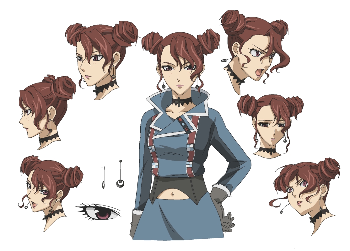 brigitte stark, senjou no valkyria (series), senjou no valkyria 1, uniform, 00s, choker, double bun, earrings, freckles, hair bun, jewelry, multiple expressions, navel, production art