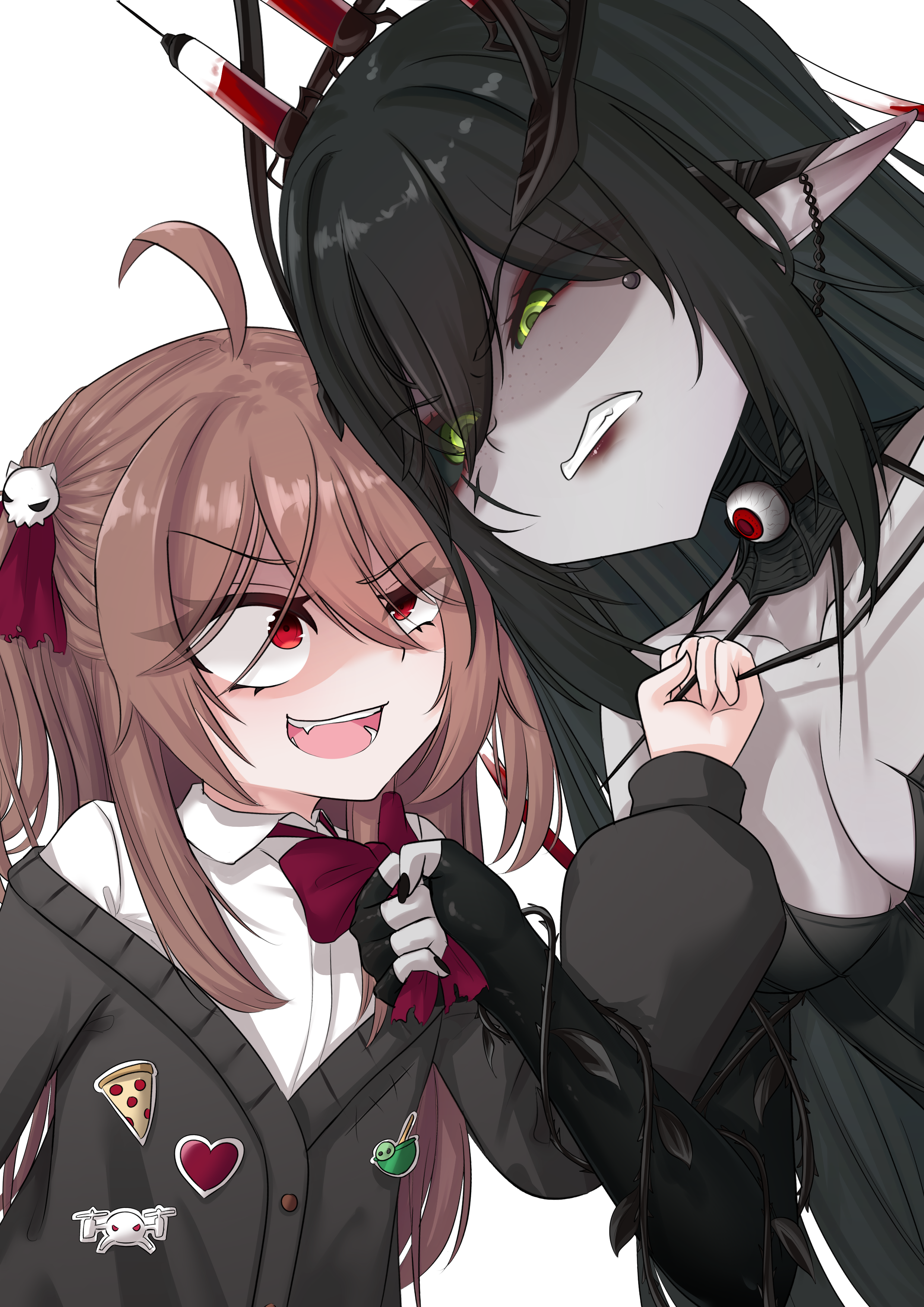 monotoxy, ritspi, evil neuro-sama, layna lazar, neuro-sama, indie virtual youtuber, absurdres, highres, ahoge, anger vein, angry, black cardigan, black dress, black hair, black sclera, bow, bowtie, cardigan, colored sclera, dress, fingerless gloves, gloves, green eyes, hair ornament, long hair, open mouth, pale skin, pulling another's clothes, red bow, red bowtie, red eyes, shirt, skull hair ornament, standing, vedal ai, white background, white shirt