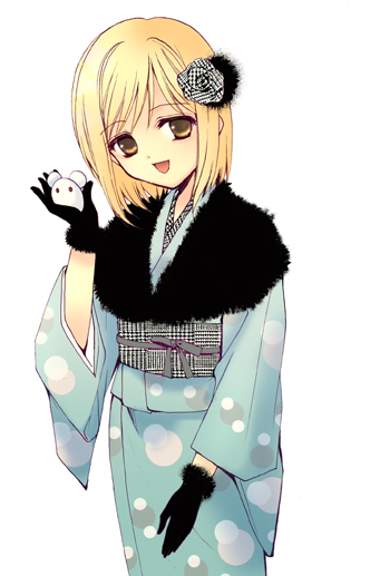 houjou yutori, takano miyo, tanashi miyoko, higurashi no naku koro ni, official art, 00s, 1girl, aged down, blonde hair, brown eyes, female focus, gloves, japanese clothes, kimono, open mouth, short hair, smile, solo