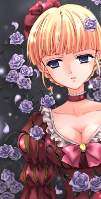 houjou yutori, beatrice (umineko), umineko no naku koro ni, lowres, 00s, 1girl, blonde hair, blue eyes, bow, female focus, flower, pink bow, rose, solo