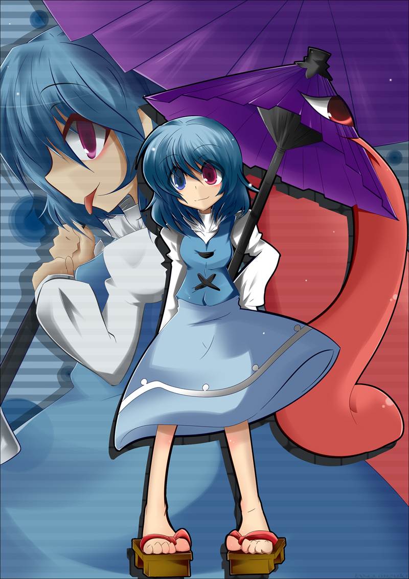 mizuki (lv43), mizuki (sitename), tatara kogasa, touhou, bad id, bad pixiv id, 1girl, :p, blue eyes, blue hair, female focus, geta, heterochromia, karakasa obake, matching hair/eyes, oil-paper umbrella, red eyes, sandals, short hair, solo, tongue, tongue out, umbrella