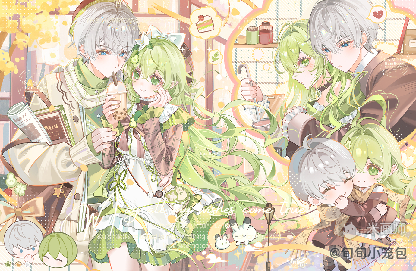 original, 1boy, 1girl, ^ ^, ahoge, blue eyes, brown jacket, bubble tea, closed eyes, closed mouth, cup, drinking, green eyes, green hair, grey hair, holding, holding cup, jacket, long hair, long sleeves, mihuashi username, multiple views, pointy ears, short hair, smile, watermark, xun xun xiaolongbao
