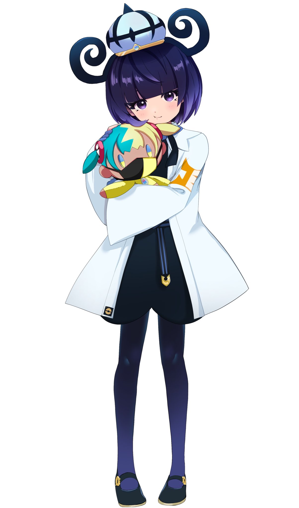 dodotsuki, canari (pokemon), gwynn (pokemon), nintendo, pokemon, pokemon legends: z-a, highres, 1girl, aqua hair, black dress, black hair, blonde hair, blue eyes, blue gloves, blunt bangs, blush, bob cut, closed mouth, coat, dark skin, doll, dress, gloves, gradient hair, hat, jacket, long sleeves, looking at viewer, mask, mouth mask, multicolored hair, open clothes, open coat, partially fingerless gloves, purple eyes, purple hair, short hair, short twintails, split-color hair, twintails, two-tone hair, white coat, yellow jacket