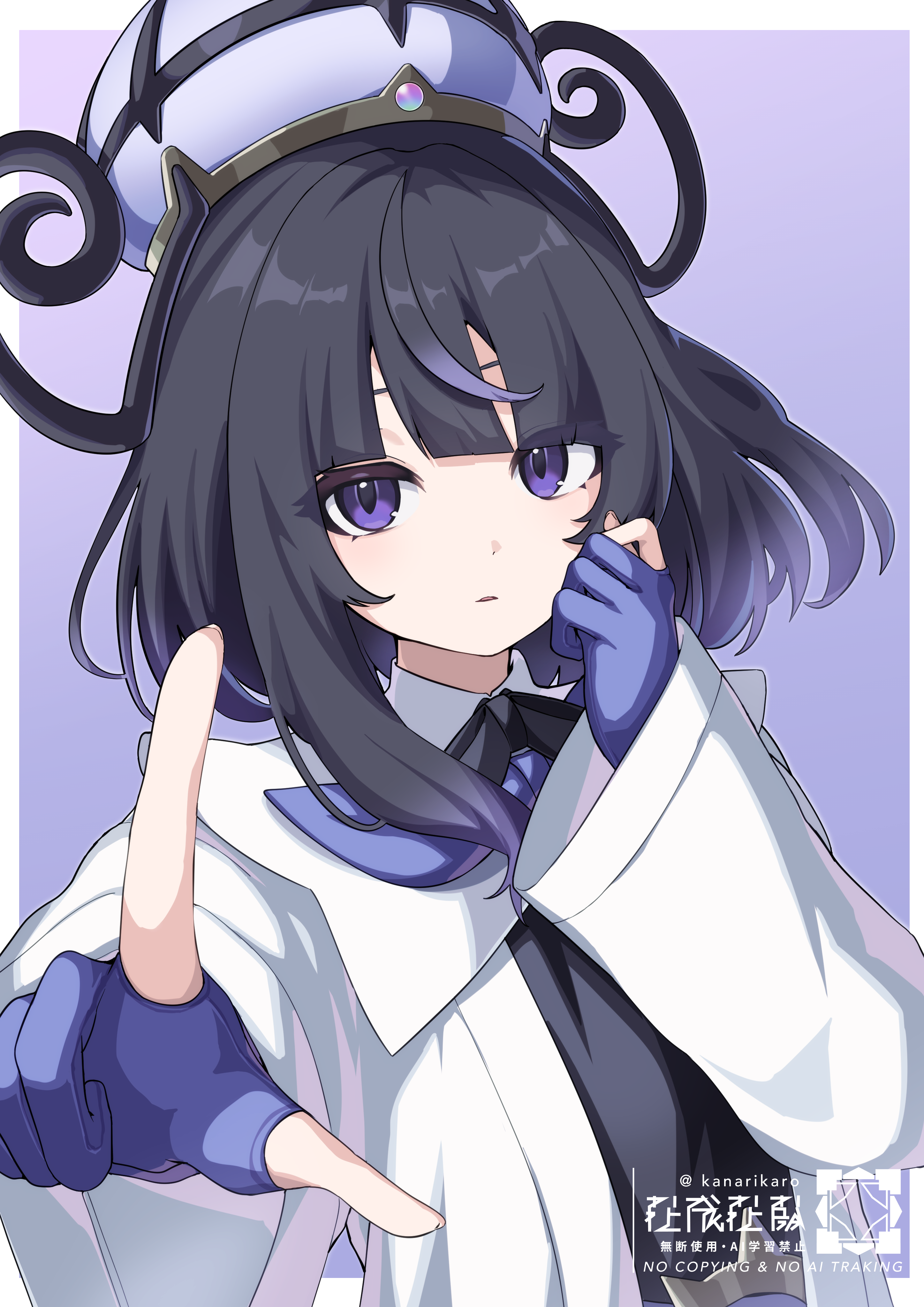kanarikaro, gwynn (pokemon), nintendo, pokemon, pokemon legends: z-a, absurdres, commentary request, highres, 1girl, black dress, black hair, black ribbon, blunt bangs, coat, dress, gloves, hat, long hair, long sleeves, looking at viewer, neck ribbon, open clothes, open coat, partially fingerless gloves, pointing, purple background, purple eyes, ribbon, solo, upper body, watermark, white coat