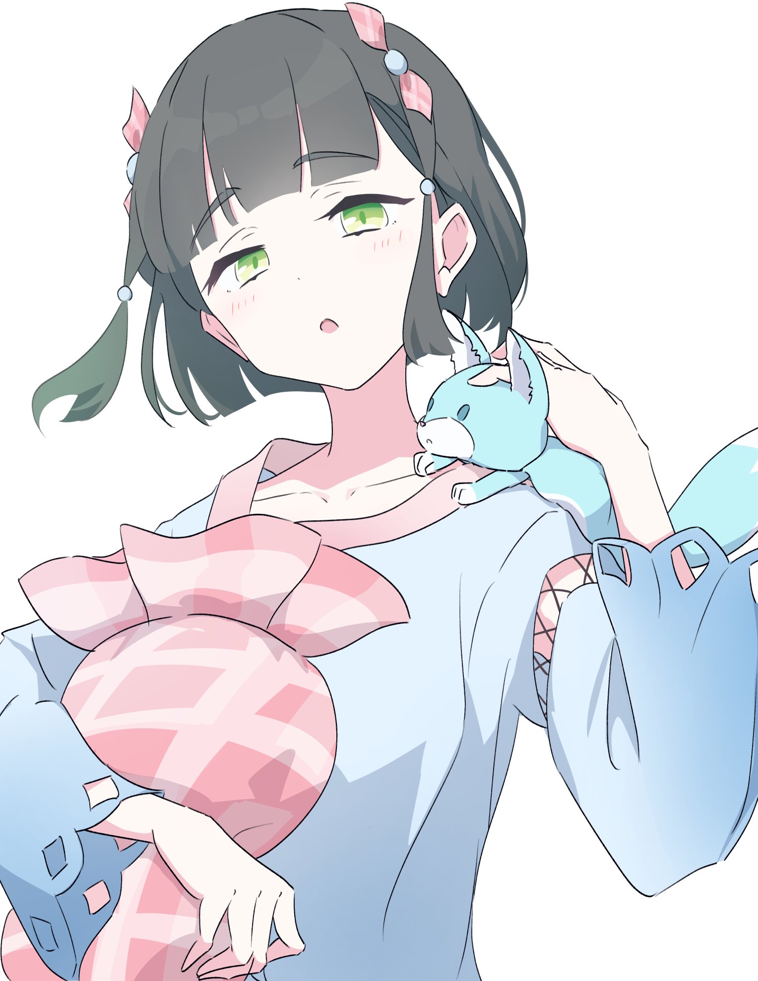 junnatsu, momose ginko, link! like! love live!, love live!, pink pillow, highres, 1girl, :o, black hair, blue dress, blunt bangs, dress, frilled pillow, frills, green eyes, green streaks, long sleeves, looking at viewer, momose ginko (birthday sleepwear), official alternate costume, open mouth, pillow, short hair, sidelocks, simple background, solo, stuffed fox, upper body, virtual youtuber, white background